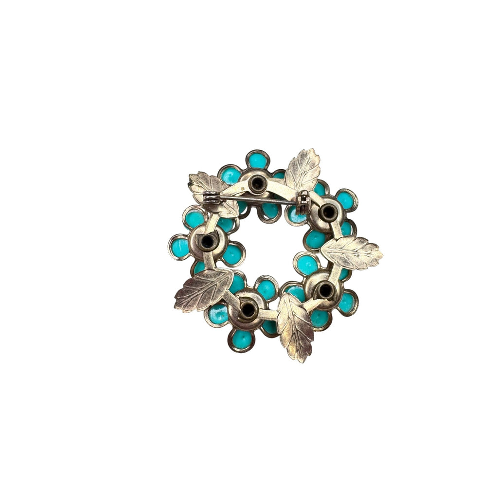 Unsigned Brooch Teal Acrylic Flower Wreath Crystal Gold Tone Floral 1960s Vintage