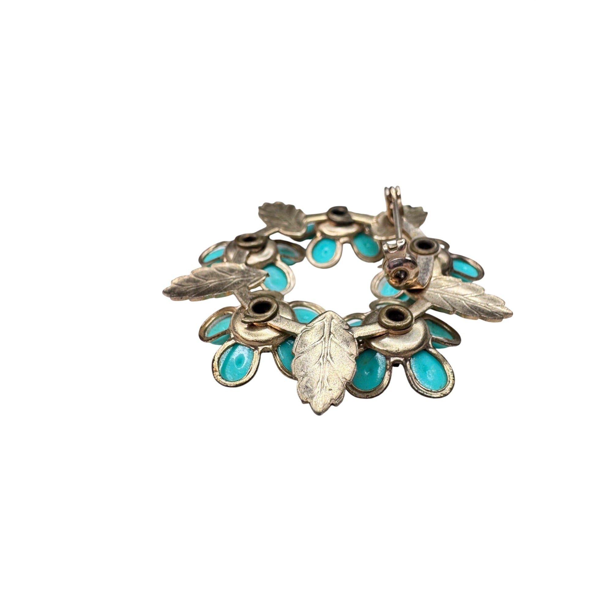 Unsigned Brooch Teal Acrylic Flower Wreath Crystal Gold Tone Floral 1960s Vintage
