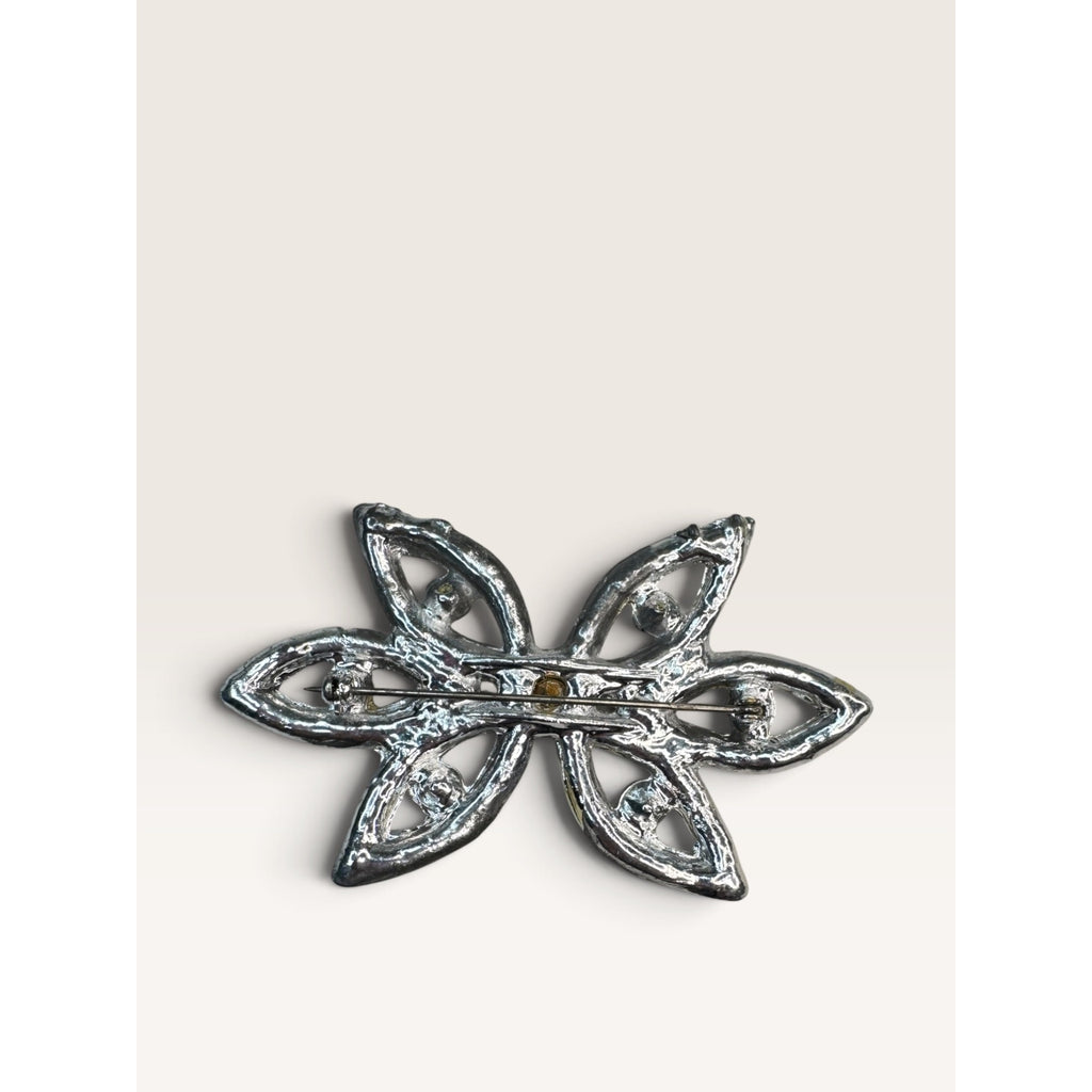 1930s Art Deco Clear Rhinestone Pot Metal Openwork Bow Flower Brooch 3.21"