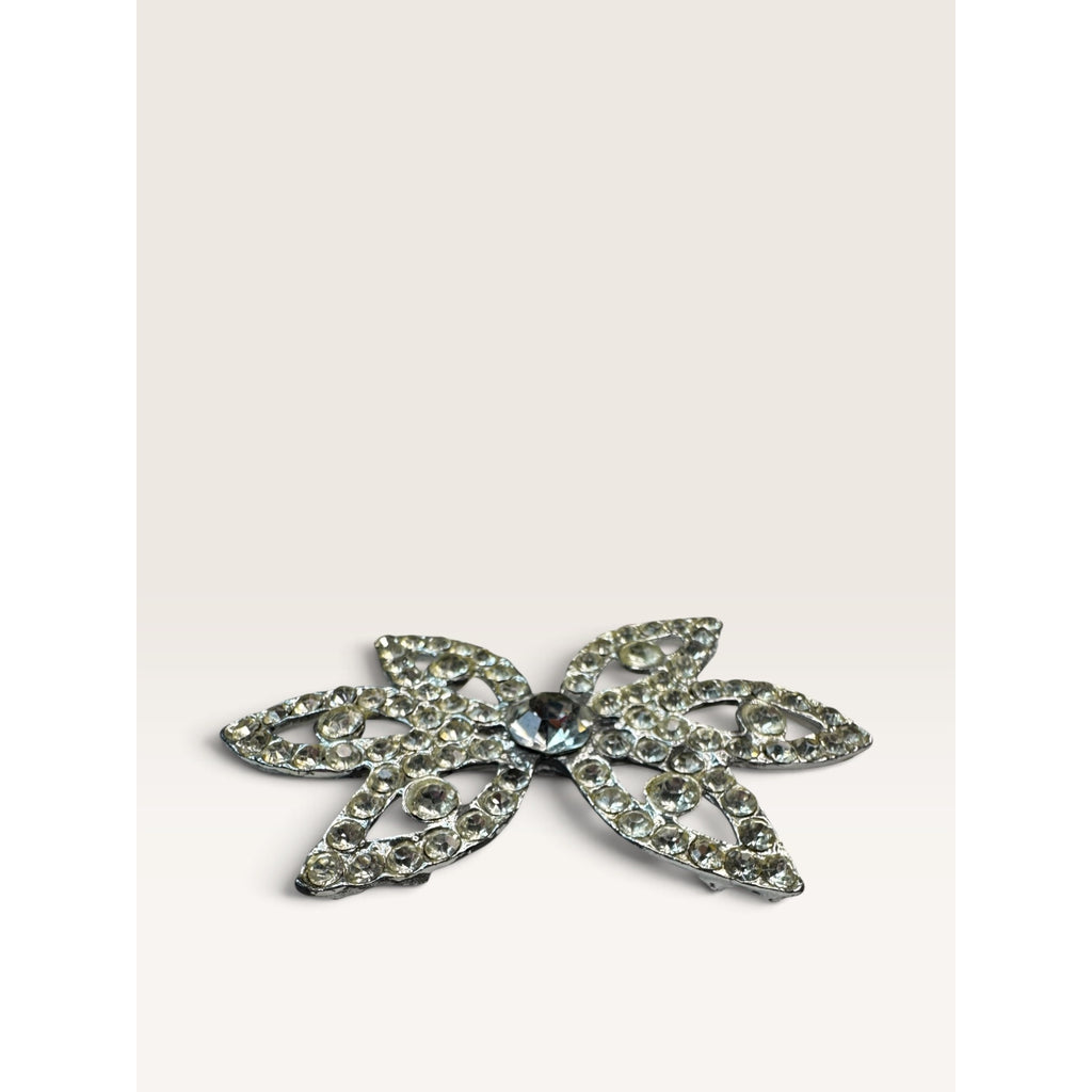 1930s Art Deco Clear Rhinestone Pot Metal Openwork Bow Flower Brooch 3.21"