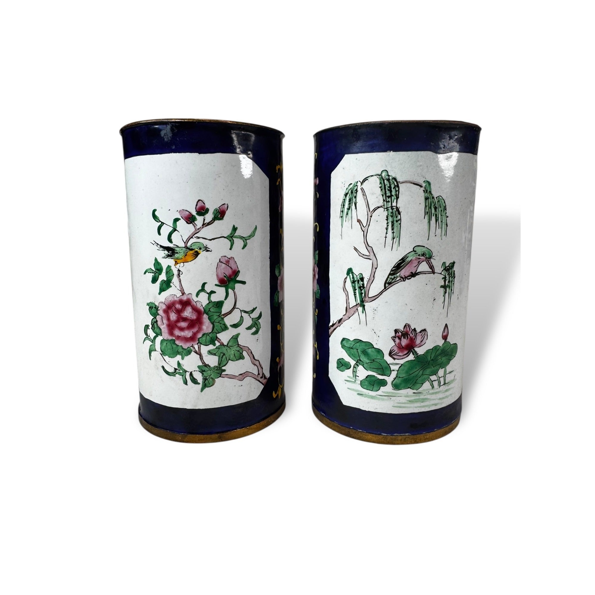 Hand Painted Enamel Metal Vases Floral Bird Motif Pair of 2 Vintage Chinese