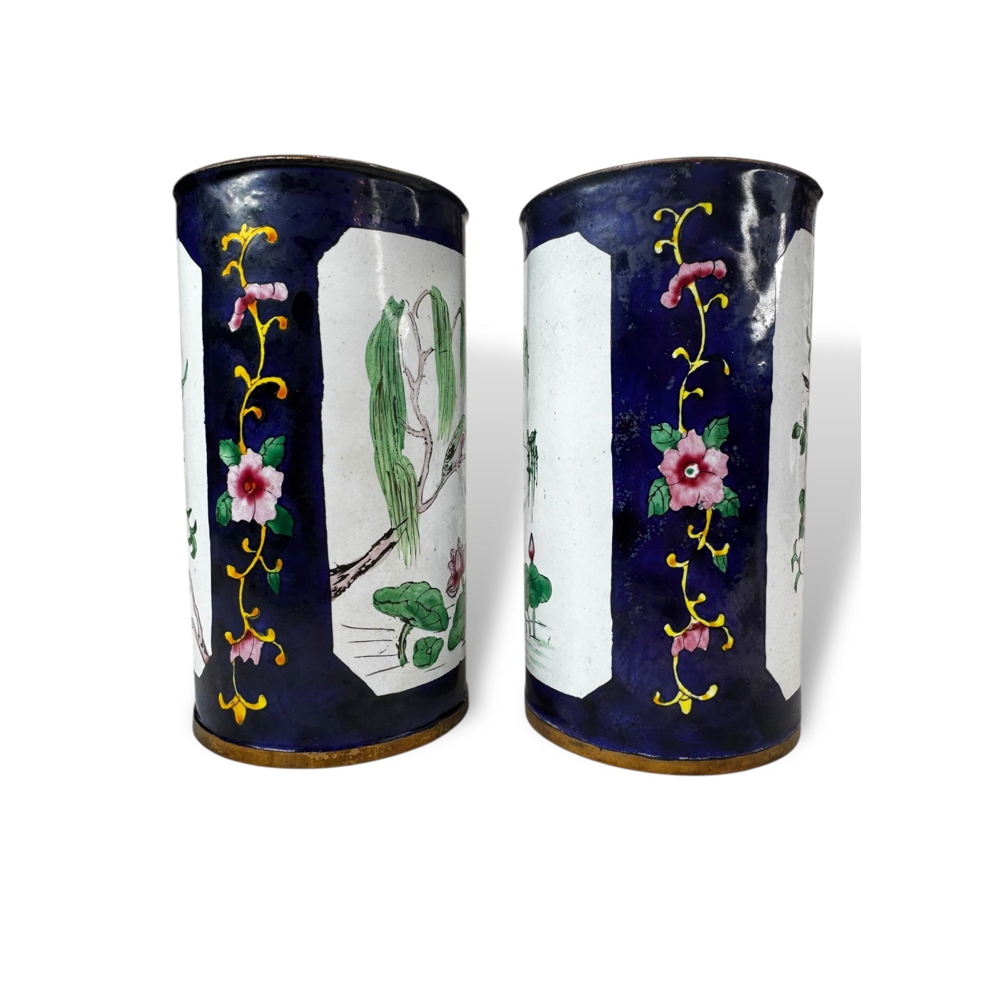 Hand Painted Enamel Metal Vases Floral Bird Motif Pair of 2 Vintage Chinese