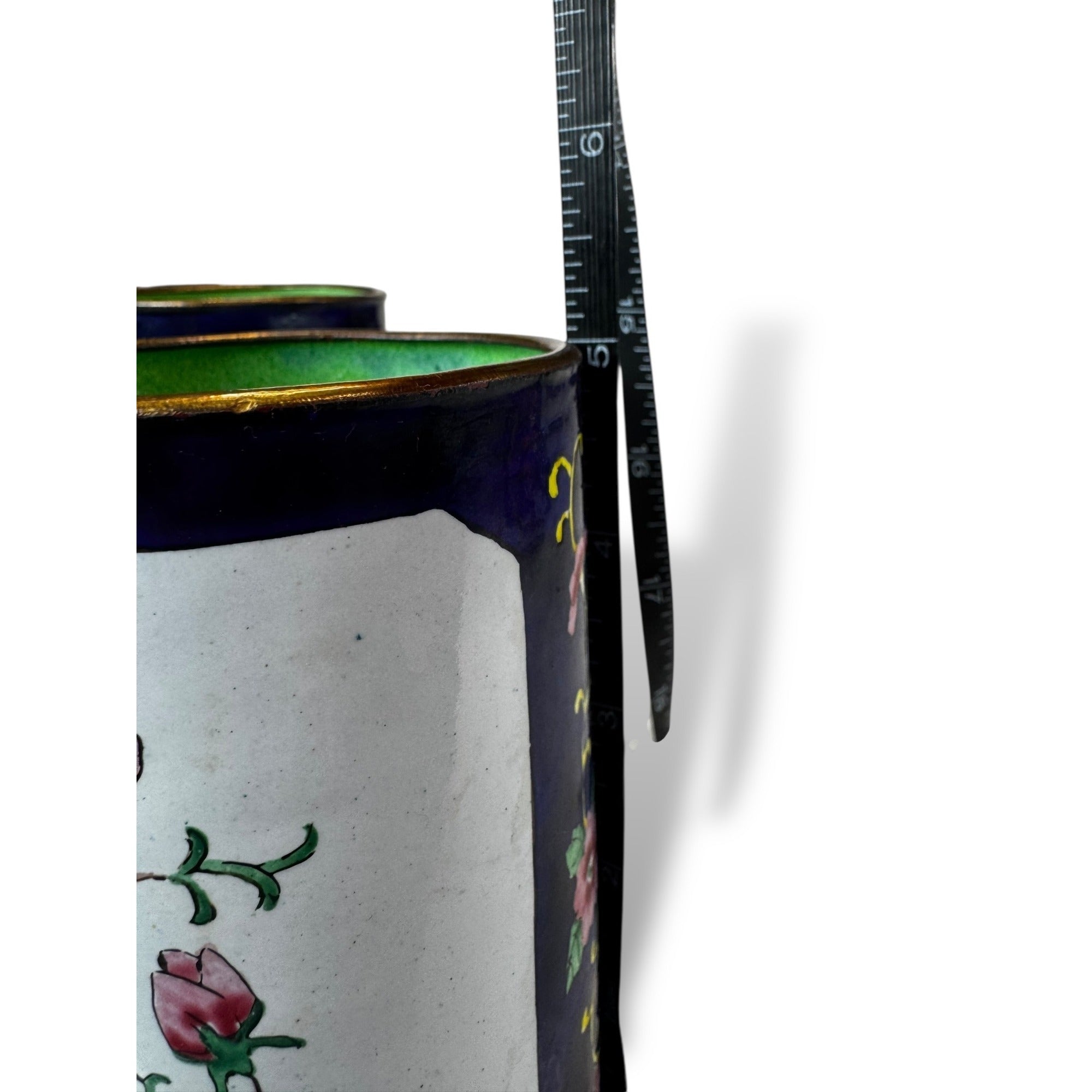 Hand Painted Enamel Metal Vases Floral Bird Motif Pair of 2 Vintage Chinese
