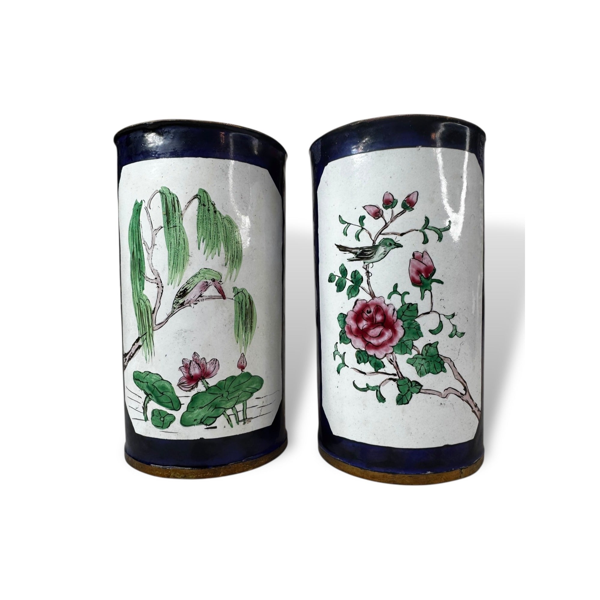Hand Painted Enamel Metal Vases Floral Bird Motif Pair of 2 Vintage Chinese