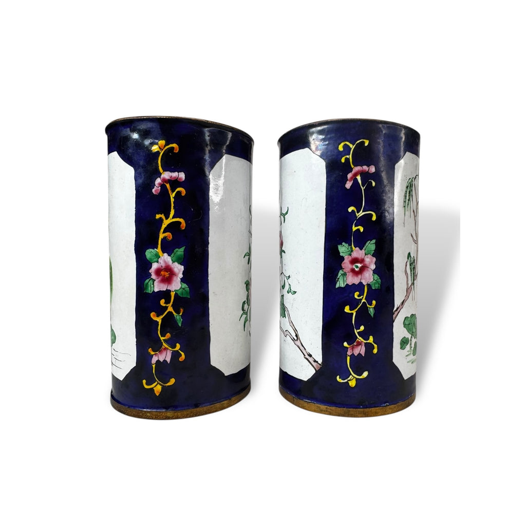 Hand Painted Enamel Metal Vases Floral Bird Motif Pair of 2 Vintage Chinese