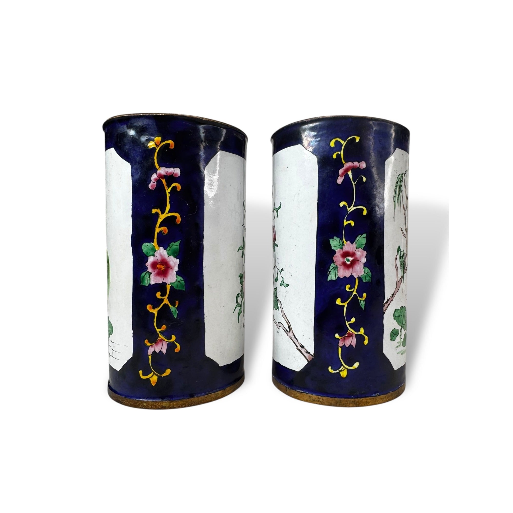 Hand Painted Enamel Metal Vases Floral Bird Motif Pair of 2 Vintage Chinese