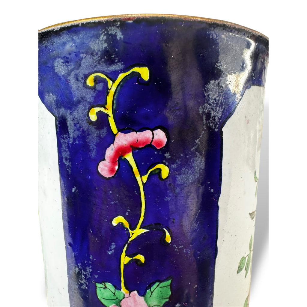 Hand Painted Enamel Metal Vases Floral Bird Motif Pair of 2 Vintage Chinese