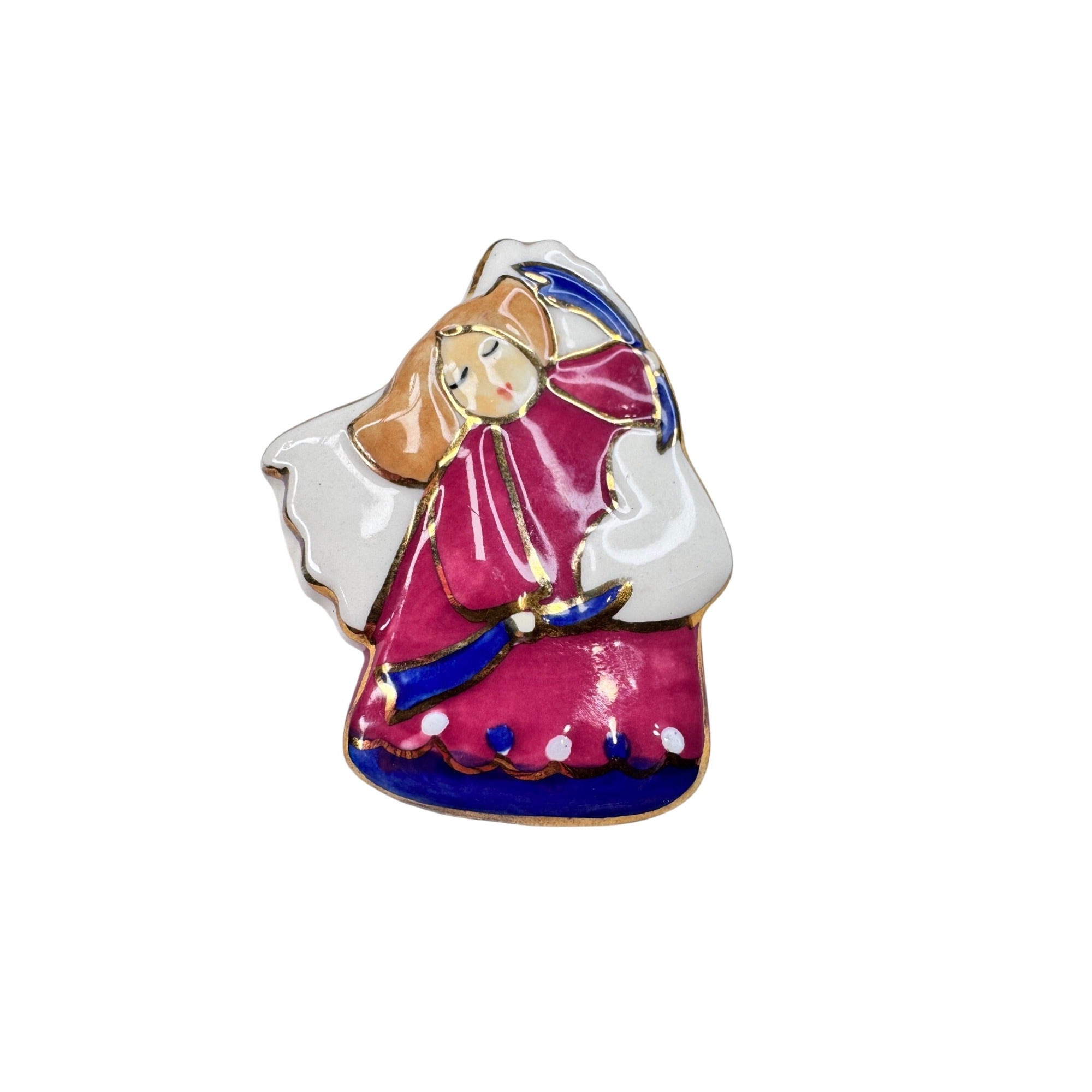 Unsigned Angel Brooch Enamel Guardian Angel Pink Blue 1980s Vintage