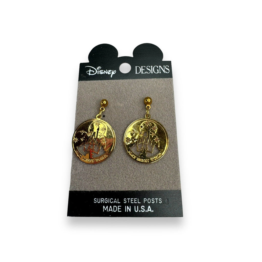 Disney Designs Gold Tone Cinderella’s Castle Pierced Dangle Earrings On Card