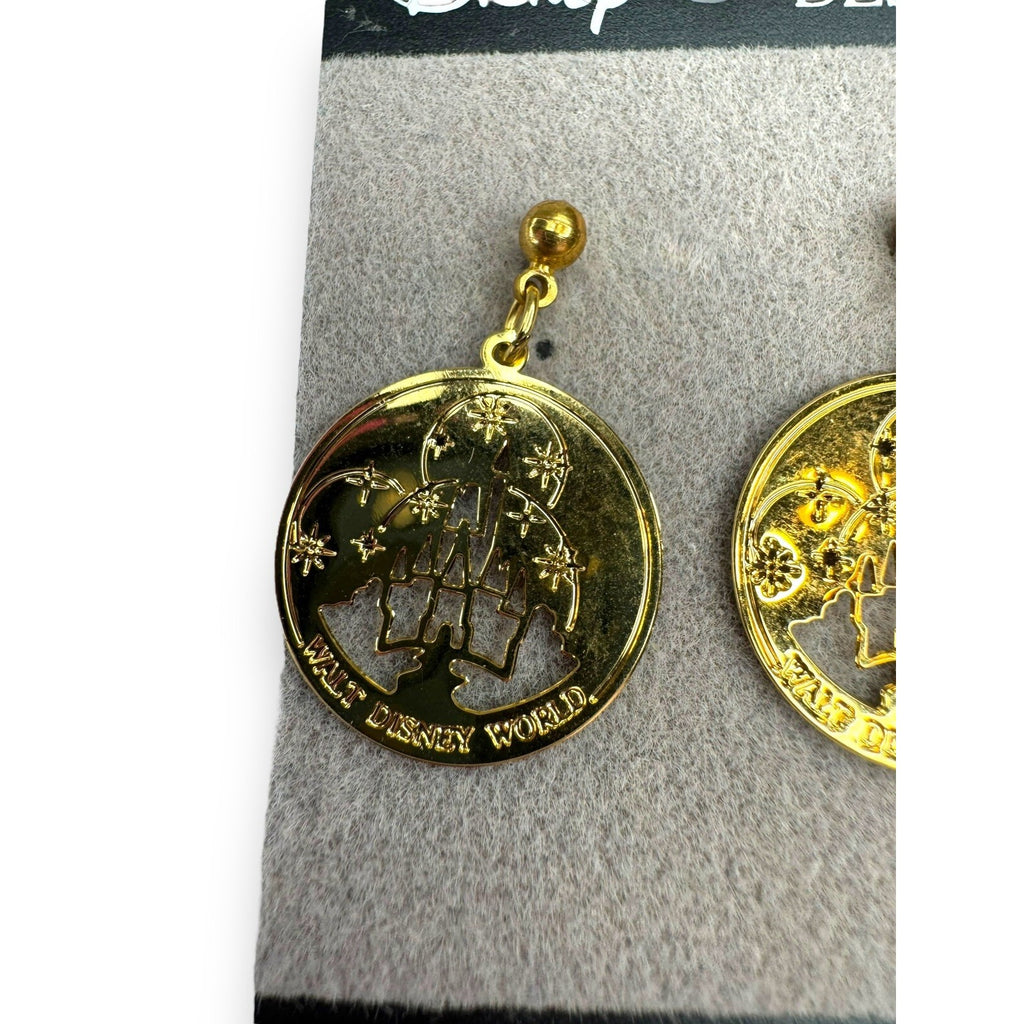 Disney Designs Gold Tone Cinderella’s Castle Pierced Dangle Earrings On Card