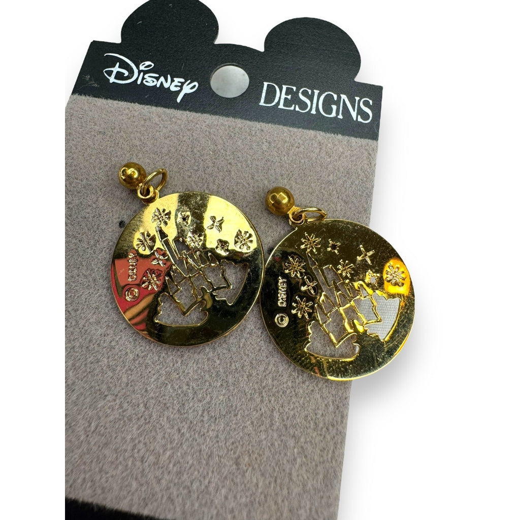 Disney Designs Gold Tone Cinderella’s Castle Pierced Dangle Earrings On Card