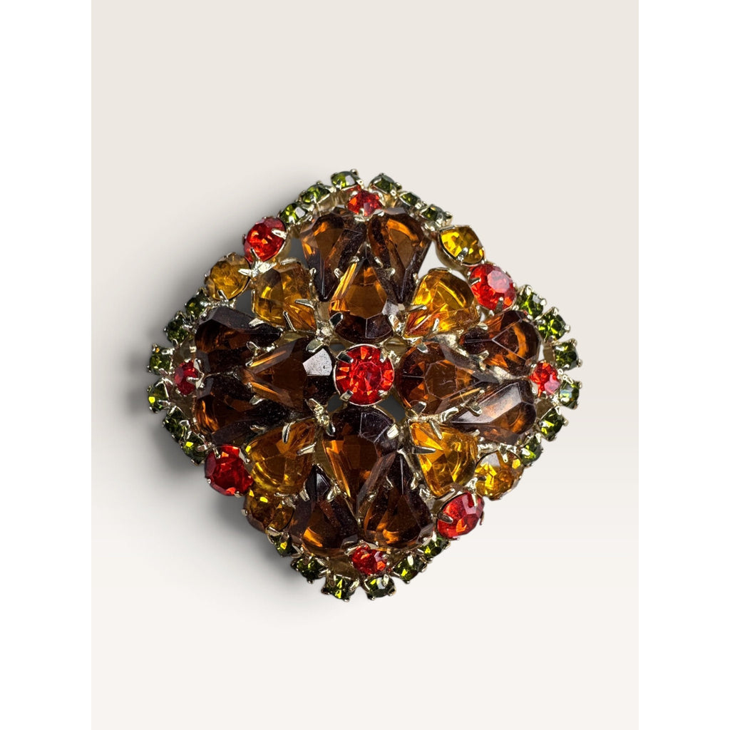 Vintage 1960s Smoky Topaz Amber Rhinestone Square Cushion Domed Brooch Pin