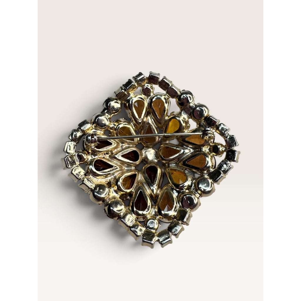Vintage 1960s Smoky Topaz Amber Rhinestone Square Cushion Domed Brooch Pin