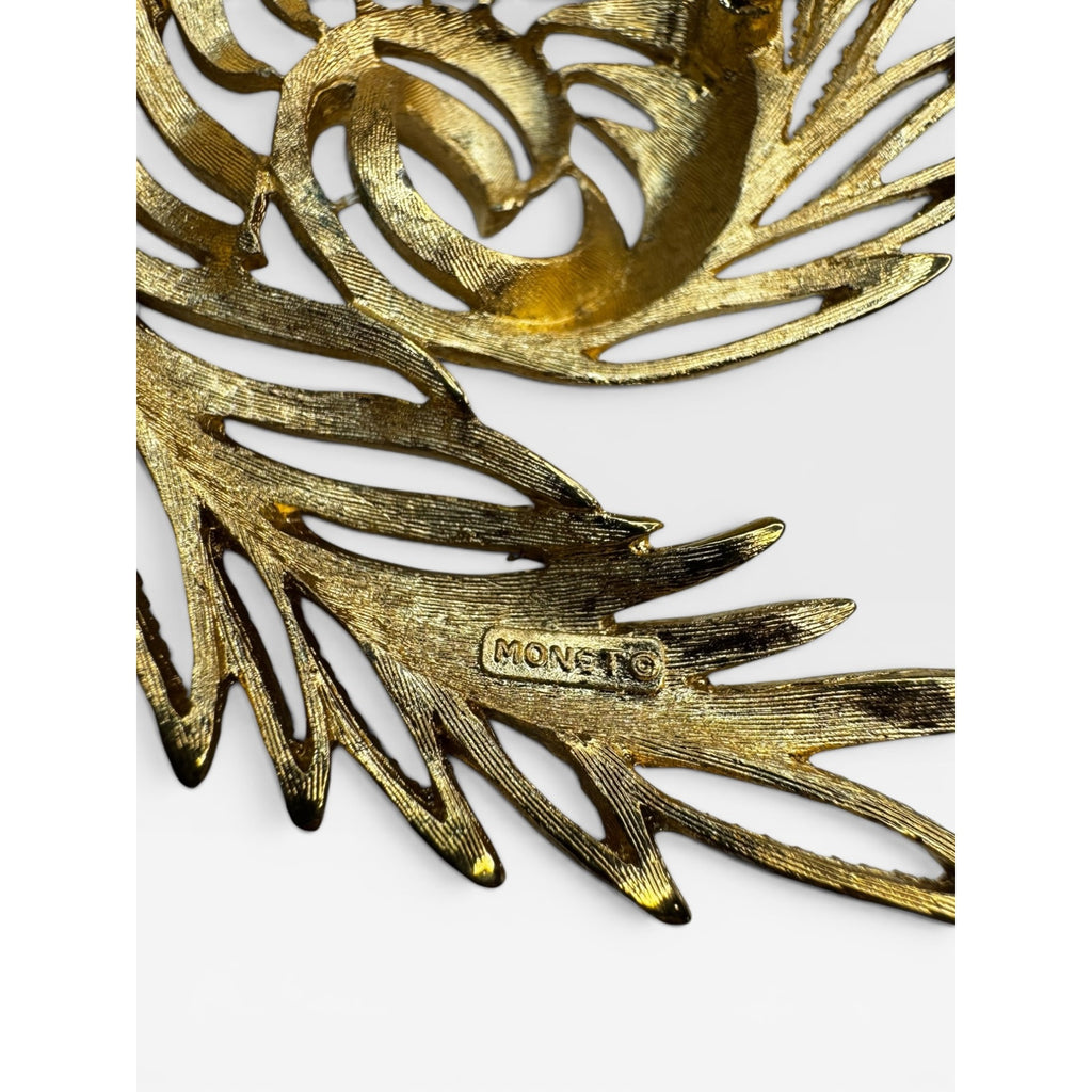 Monet Gold Tone Swirl Leaf Brooch Abstract Botanical Pin Signed 1980s