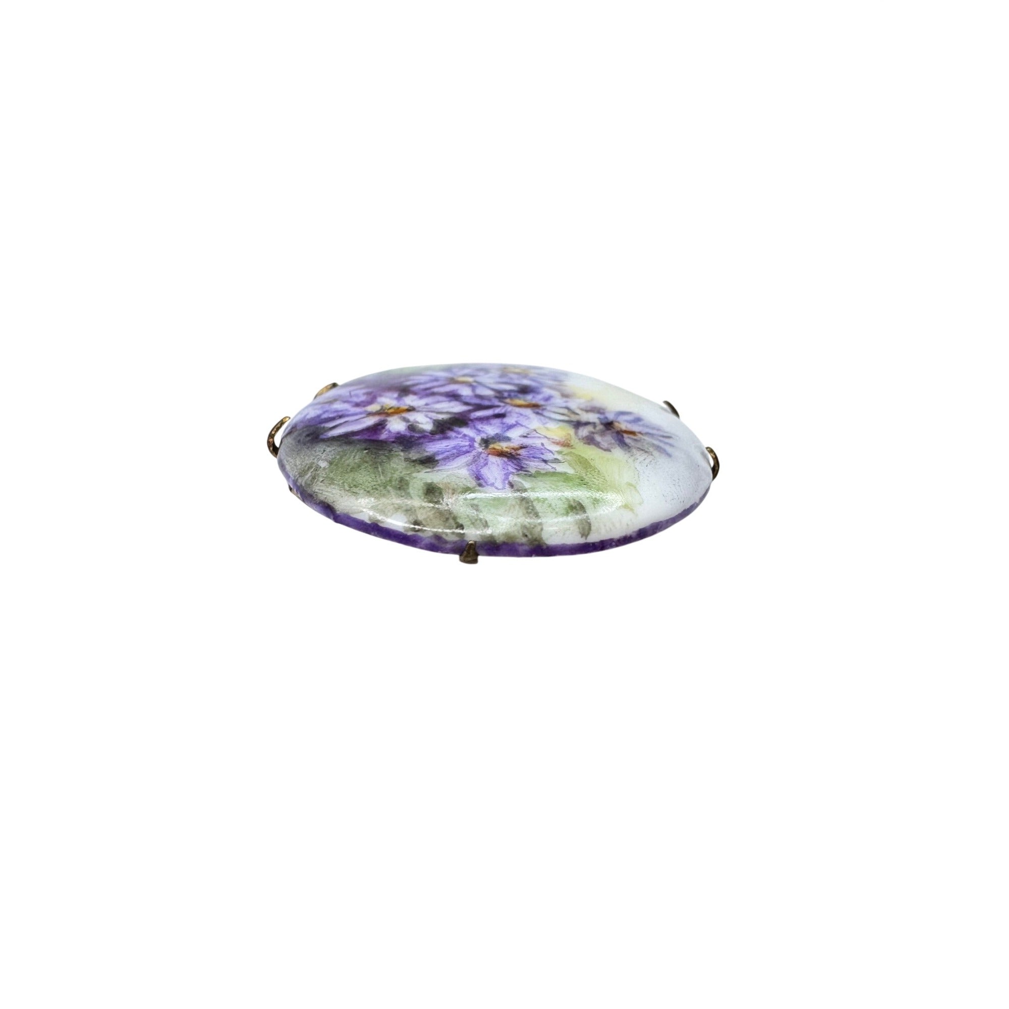 Hand Painted Porcelain Purple Aster Floral Brooch Brass Victorian 1890s Antique