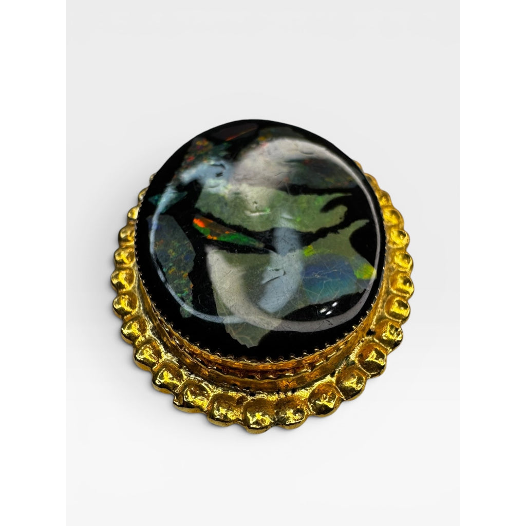 Abalone Shell Cabochon Brooch Gold Tone Oval Pin Contemporary
