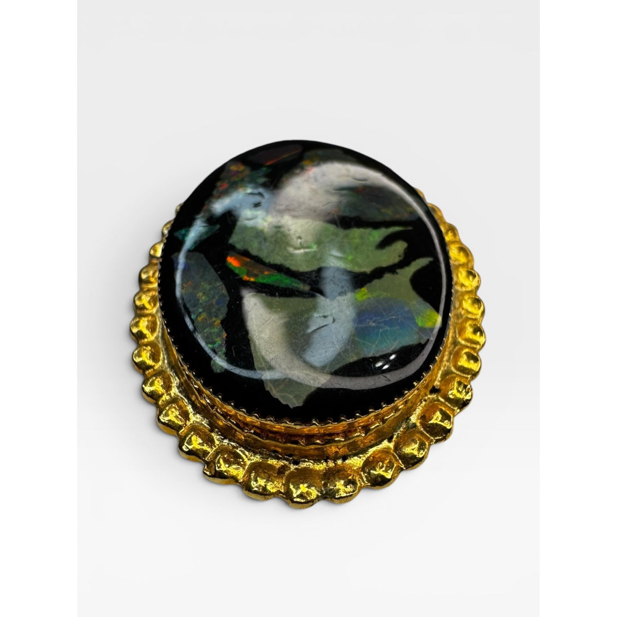 Abalone Shell Cabochon Brooch Gold Tone Oval Pin Contemporary