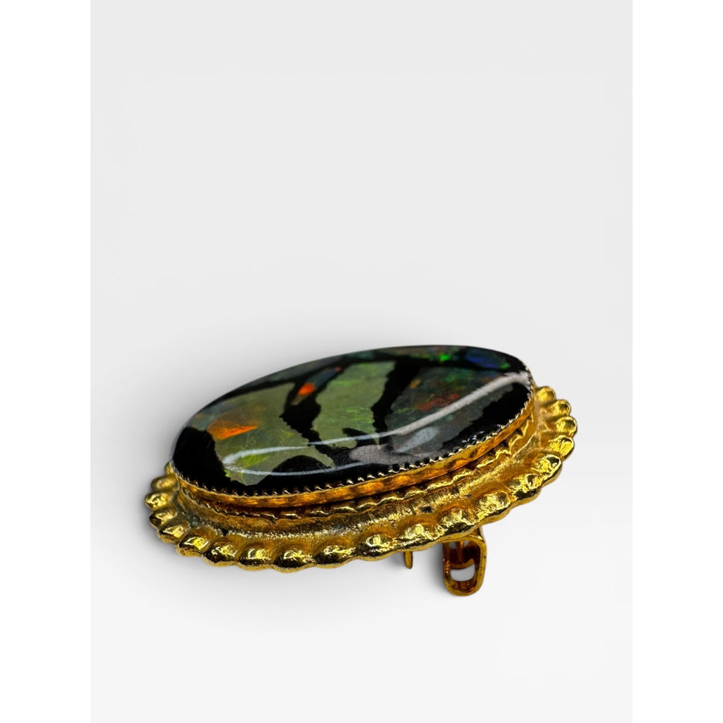 Abalone Shell Cabochon Brooch Gold Tone Oval Pin Contemporary