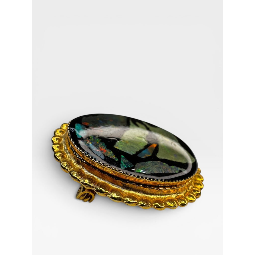 Abalone Shell Cabochon Brooch Gold Tone Oval Pin Contemporary