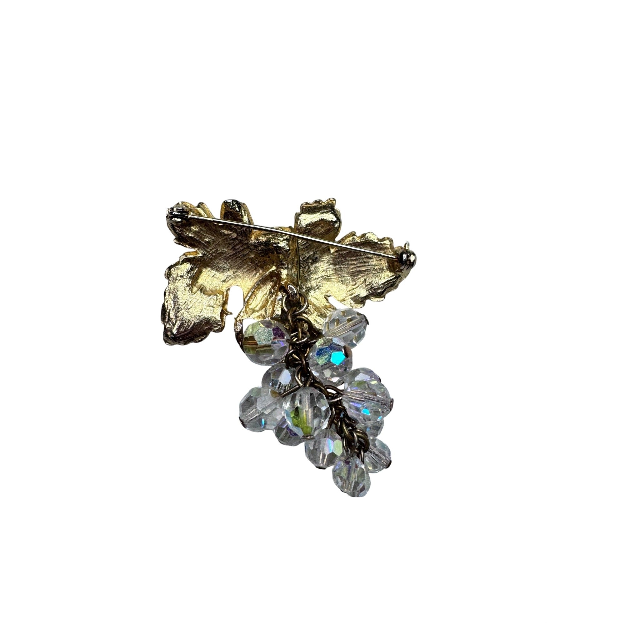 AB Crystal Grape Cluster Brooch Gold Tone Leaf Dangle Vintage