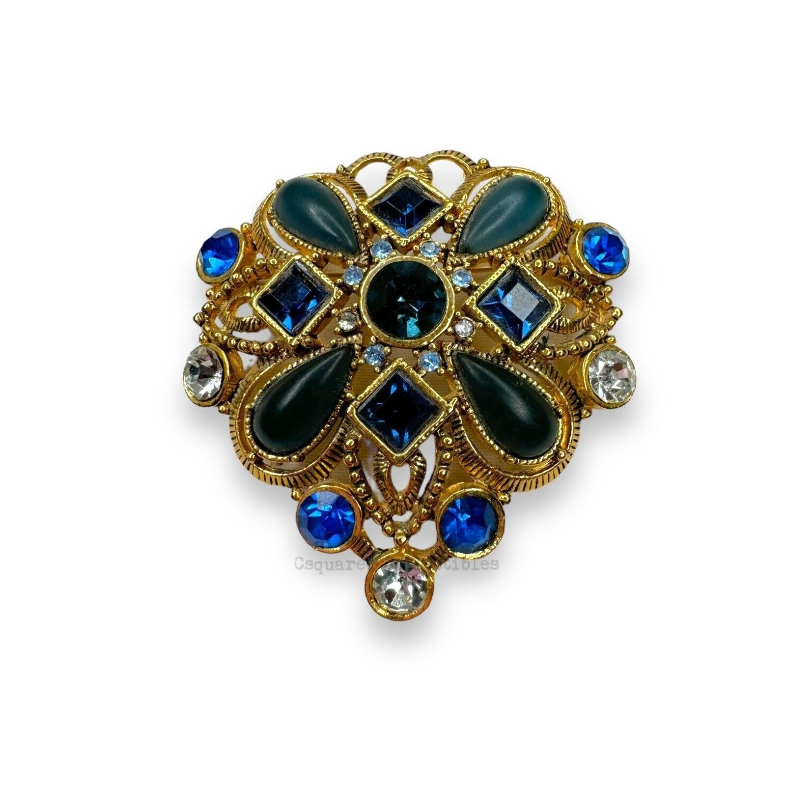 Modern Gold Tone Statement Brooch Blue Crystal Acrylic Cabochon 2.125"