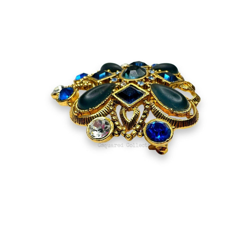 Modern Gold Tone Statement Brooch Blue Crystal Acrylic Cabochon 2.125"