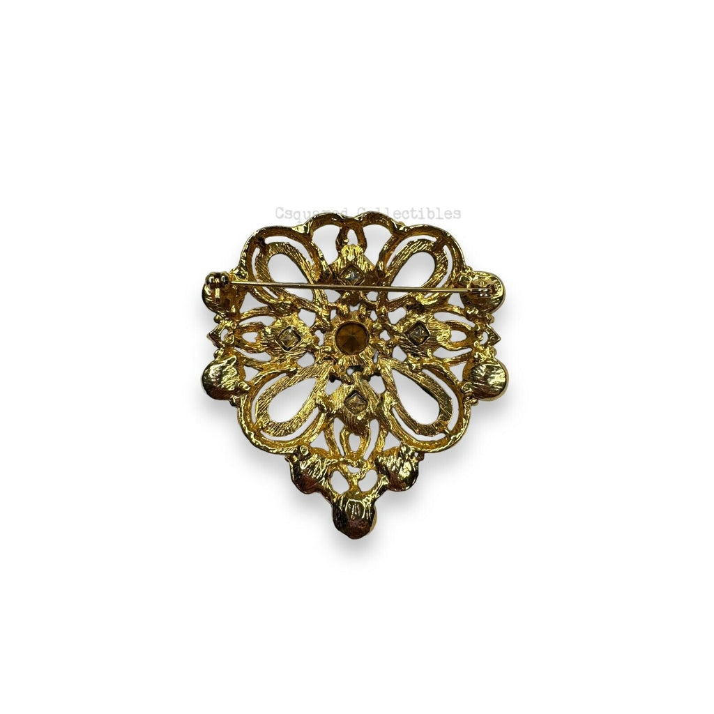 Modern Gold Tone Statement Brooch Blue Crystal Acrylic Cabochon 2.125"