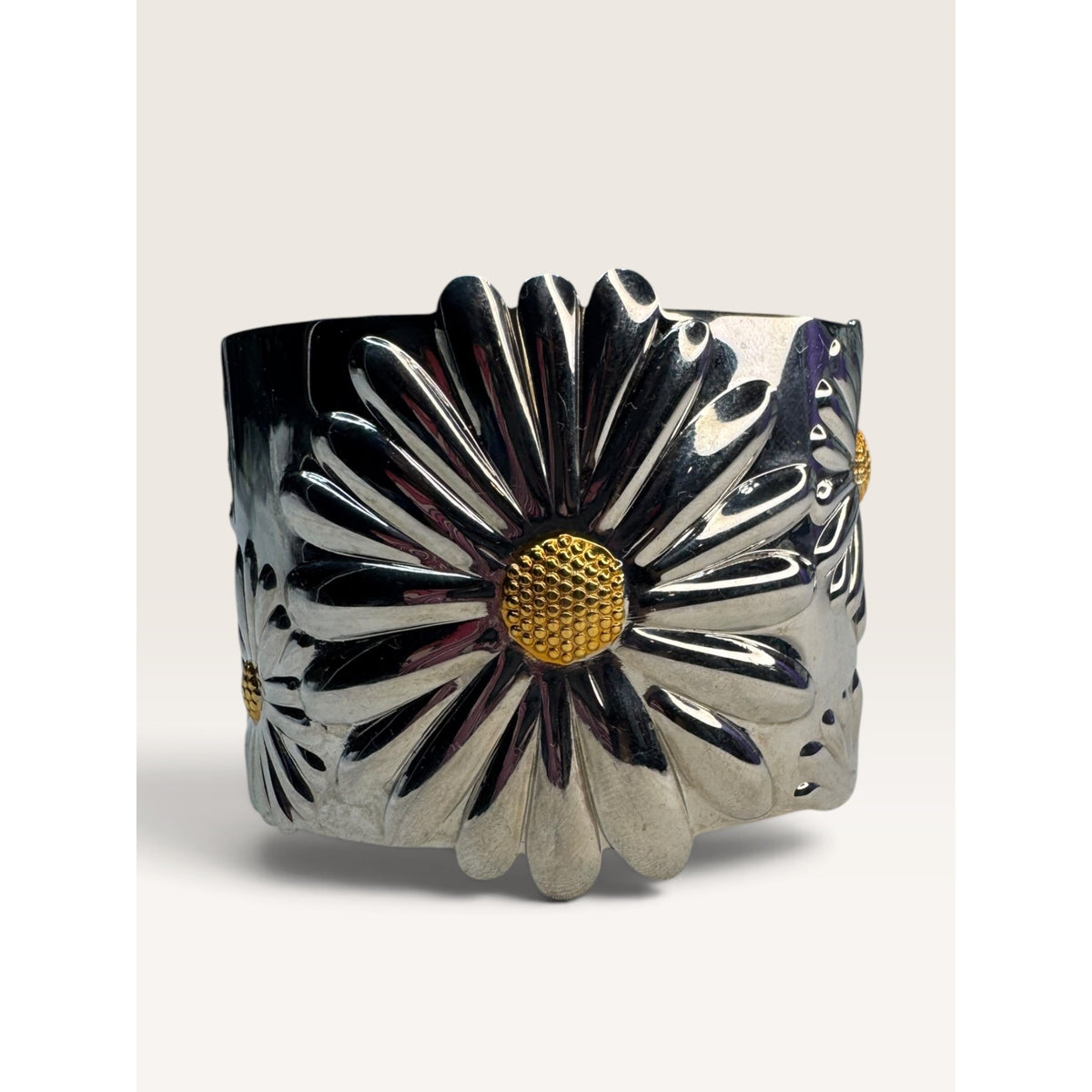 Daisy Flower Embossed Stainless Steel Wide Cuff Bracelet 2.02" Contemporary