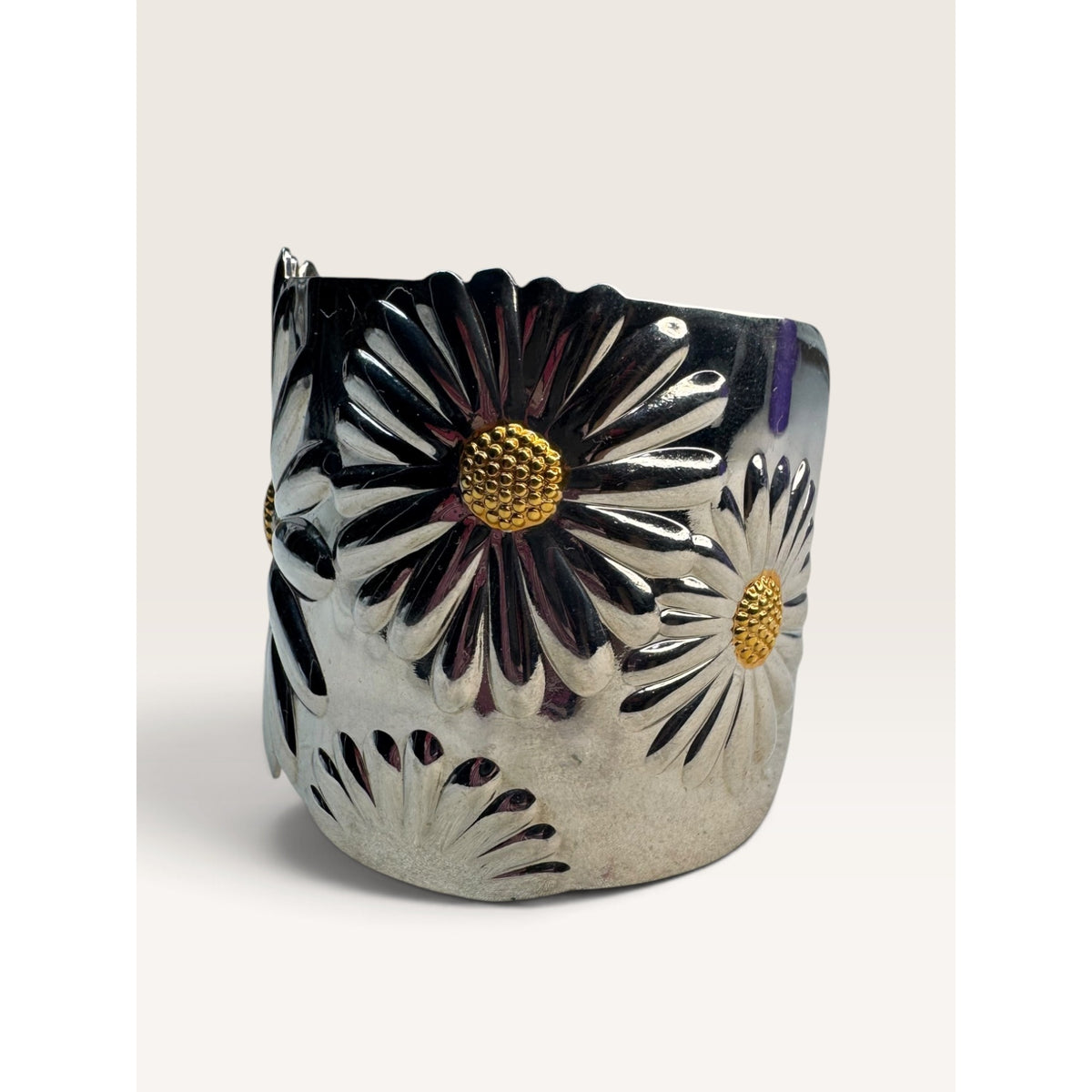 Daisy Flower Embossed Stainless Steel Wide Cuff Bracelet 2.02" Contemporary