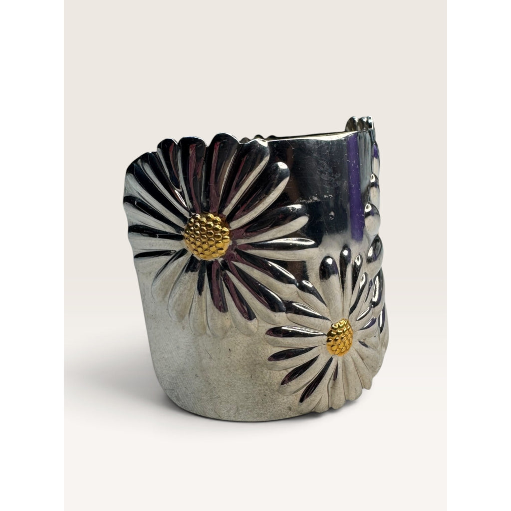 Daisy Flower Embossed Stainless Steel Wide Cuff Bracelet 2.02" Contemporary