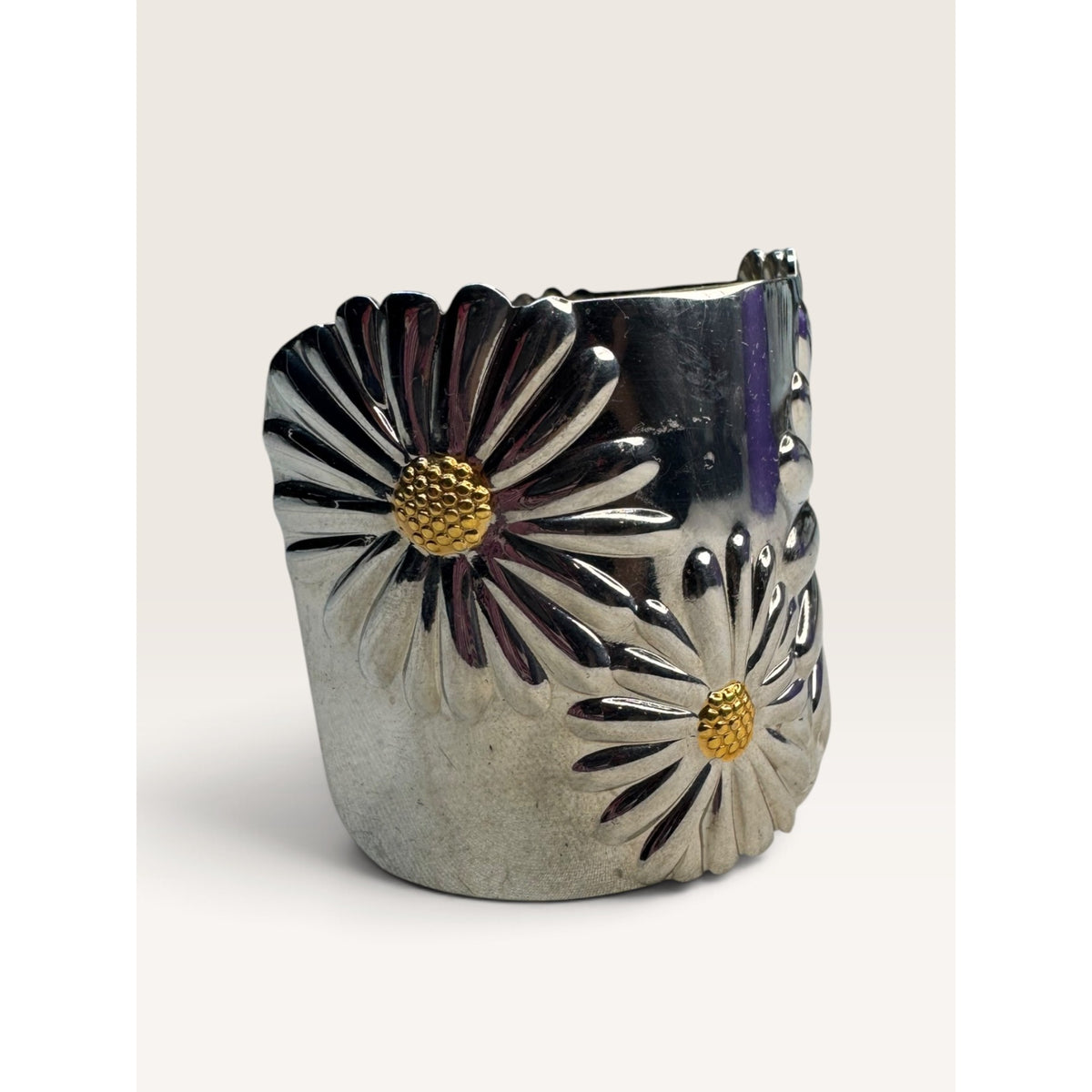 Daisy Flower Embossed Stainless Steel Wide Cuff Bracelet 2.02" Contemporary
