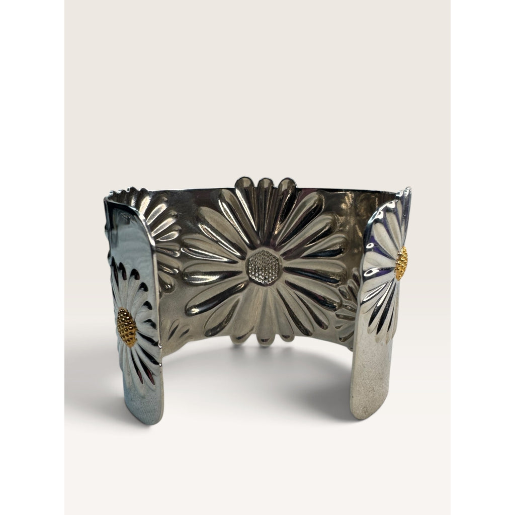 Daisy Flower Embossed Stainless Steel Wide Cuff Bracelet 2.02" Contemporary