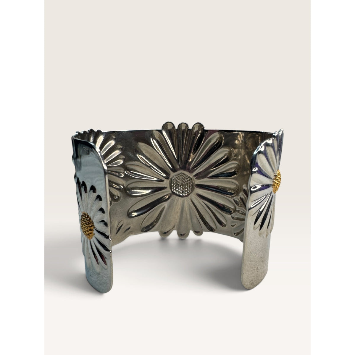Daisy Flower Embossed Stainless Steel Wide Cuff Bracelet 2.02" Contemporary