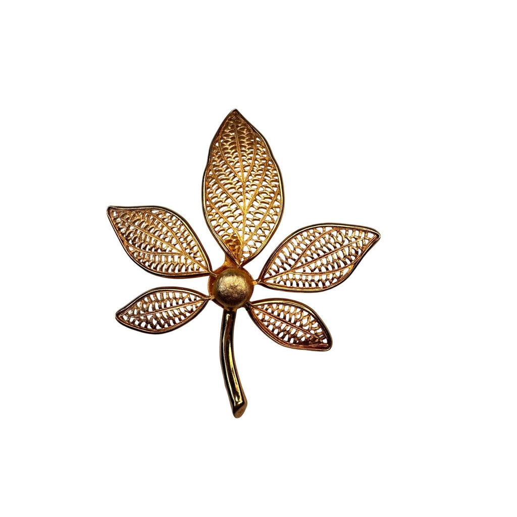 Filigree Leaf Brooch Gold Tone Openwork Floral 1970s Vintage