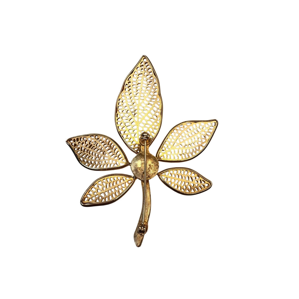 Filigree Leaf Brooch Gold Tone Openwork Floral 1970s Vintage