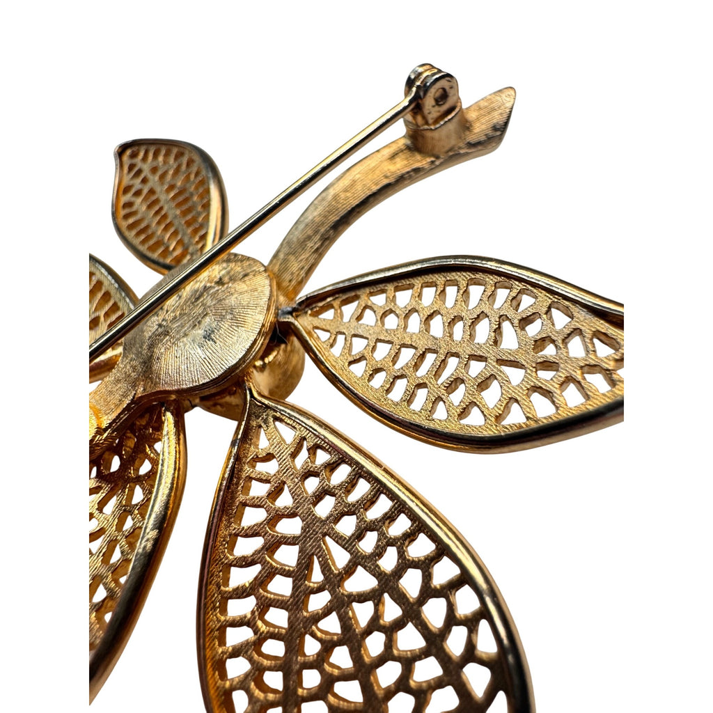 Filigree Leaf Brooch Gold Tone Openwork Floral 1970s Vintage