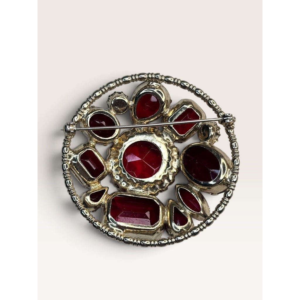 Mid Century 1950s Red Glass Crystal Rhinestone Gold Tone Brooch Domed Vintage