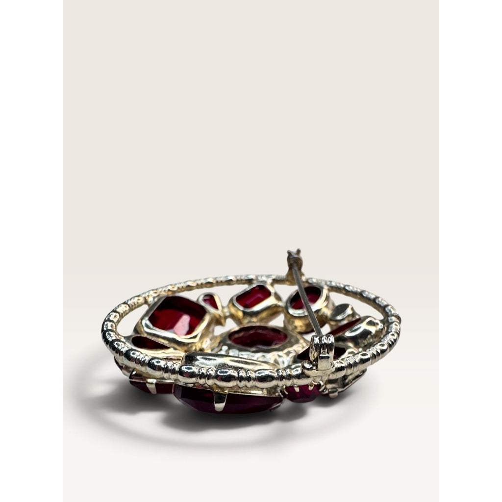 Mid Century 1950s Red Glass Crystal Rhinestone Gold Tone Brooch Domed Vintage