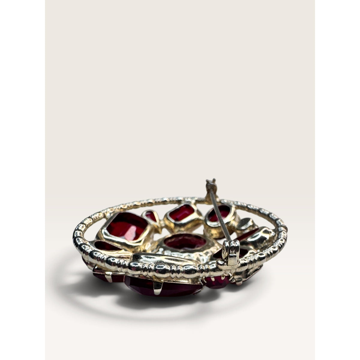 Mid Century 1950s Red Glass Crystal Rhinestone Gold Tone Brooch Domed Vintage