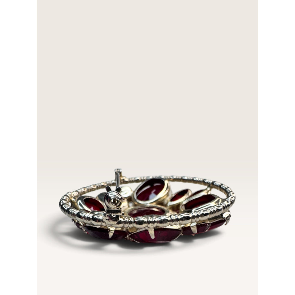 Mid Century 1950s Red Glass Crystal Rhinestone Gold Tone Brooch Domed Vintage