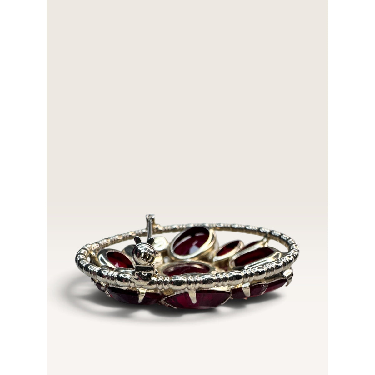 Mid Century 1950s Red Glass Crystal Rhinestone Gold Tone Brooch Domed Vintage