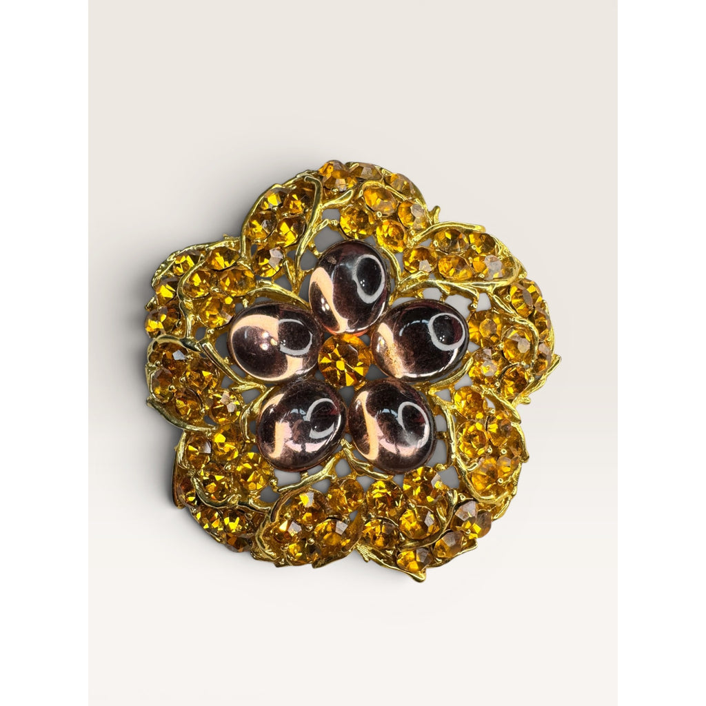 1960s Amber Crystal Lavender Lucite Flower Brooch Gold Tone Openwork Vintage