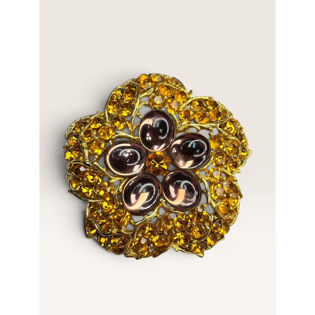 1960s Amber Crystal Lavender Lucite Flower Brooch Gold Tone Openwork Vintage