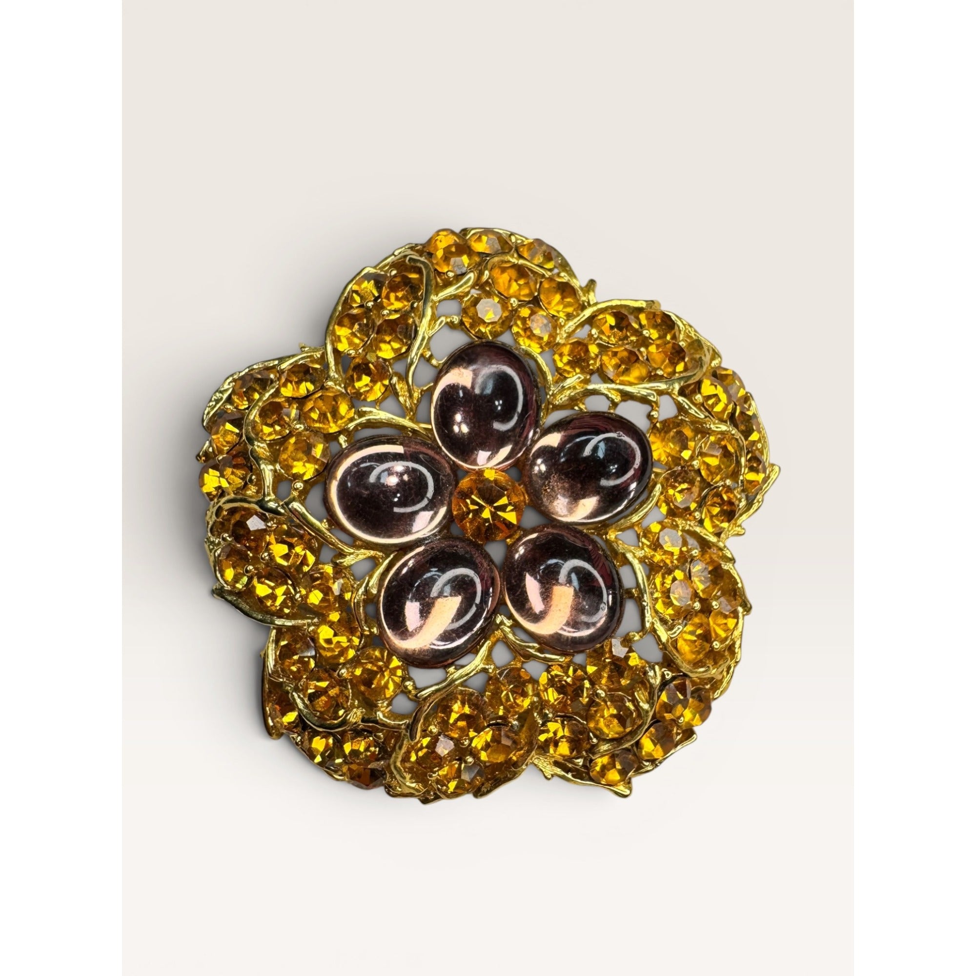 1960s Amber Crystal Lavender Lucite Flower Brooch Gold Tone Openwork Vintage