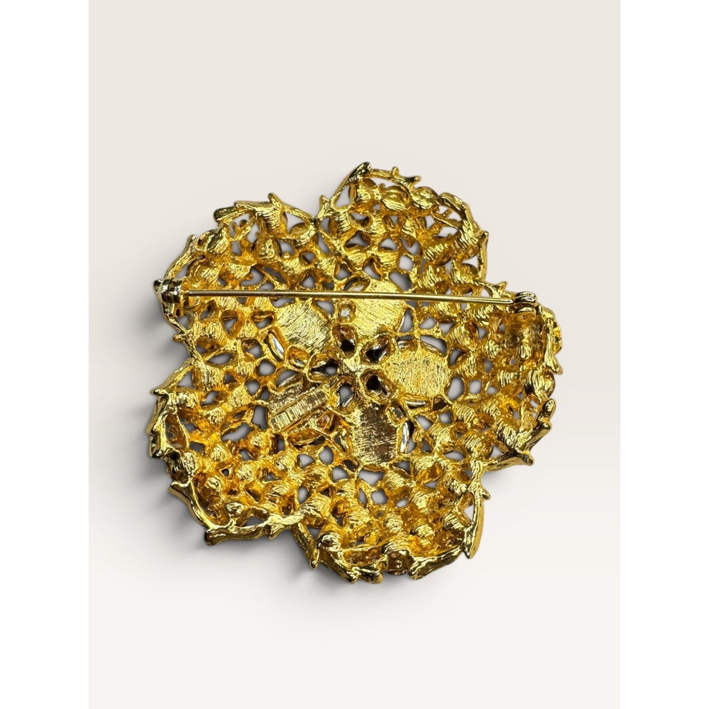 1960s Amber Crystal Lavender Lucite Flower Brooch Gold Tone Openwork Vintage