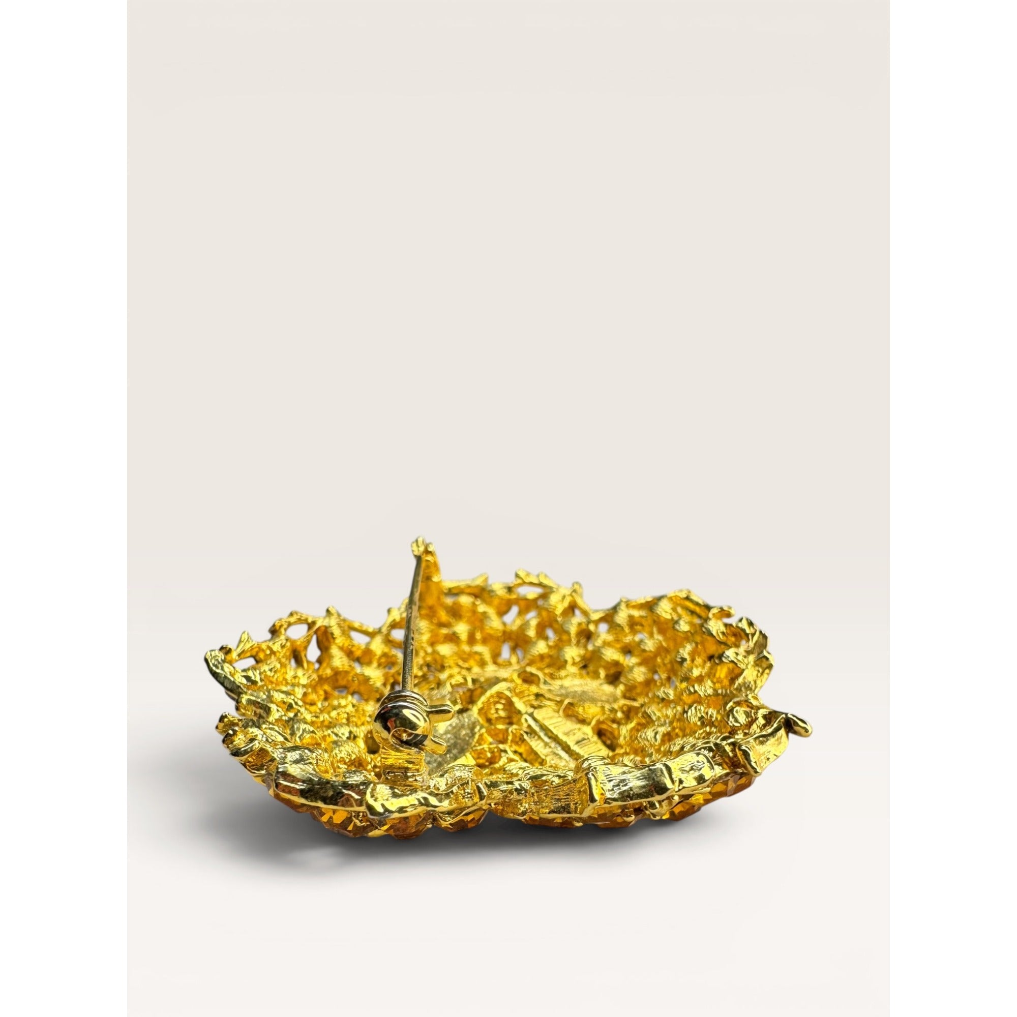 1960s Amber Crystal Lavender Lucite Flower Brooch Gold Tone Openwork Vintage