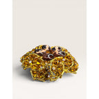 1960s Amber Crystal Lavender Lucite Flower Brooch Gold Tone Openwork Vintage