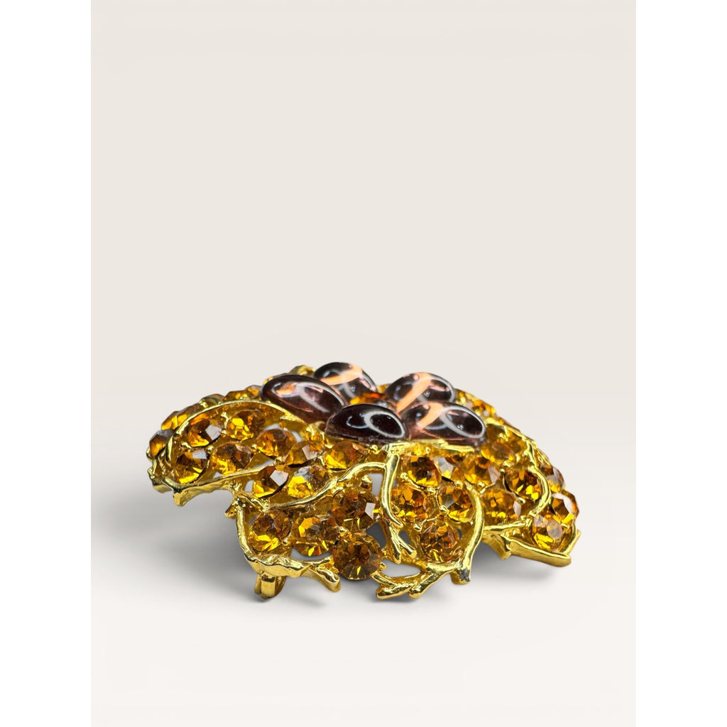 1960s Amber Crystal Lavender Lucite Flower Brooch Gold Tone Openwork Vintage