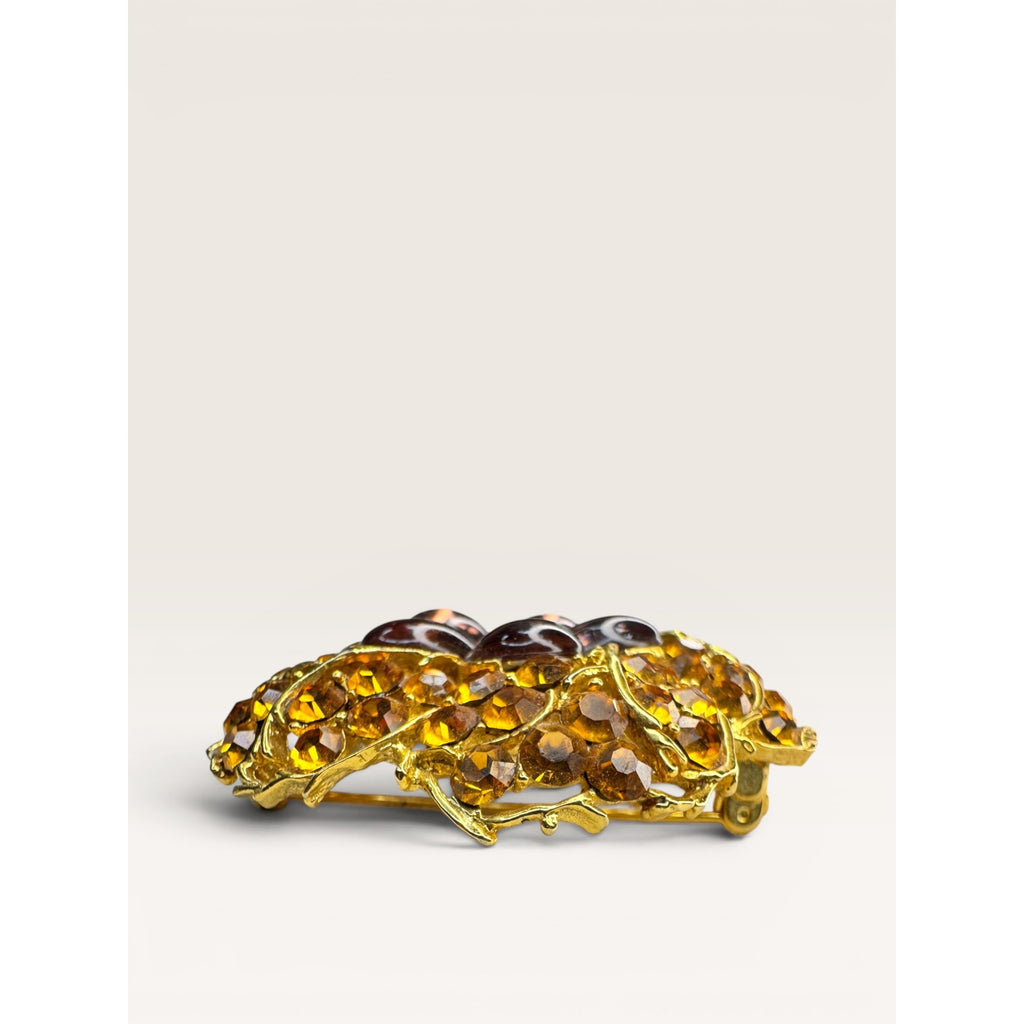 1960s Amber Crystal Lavender Lucite Flower Brooch Gold Tone Openwork Vintage