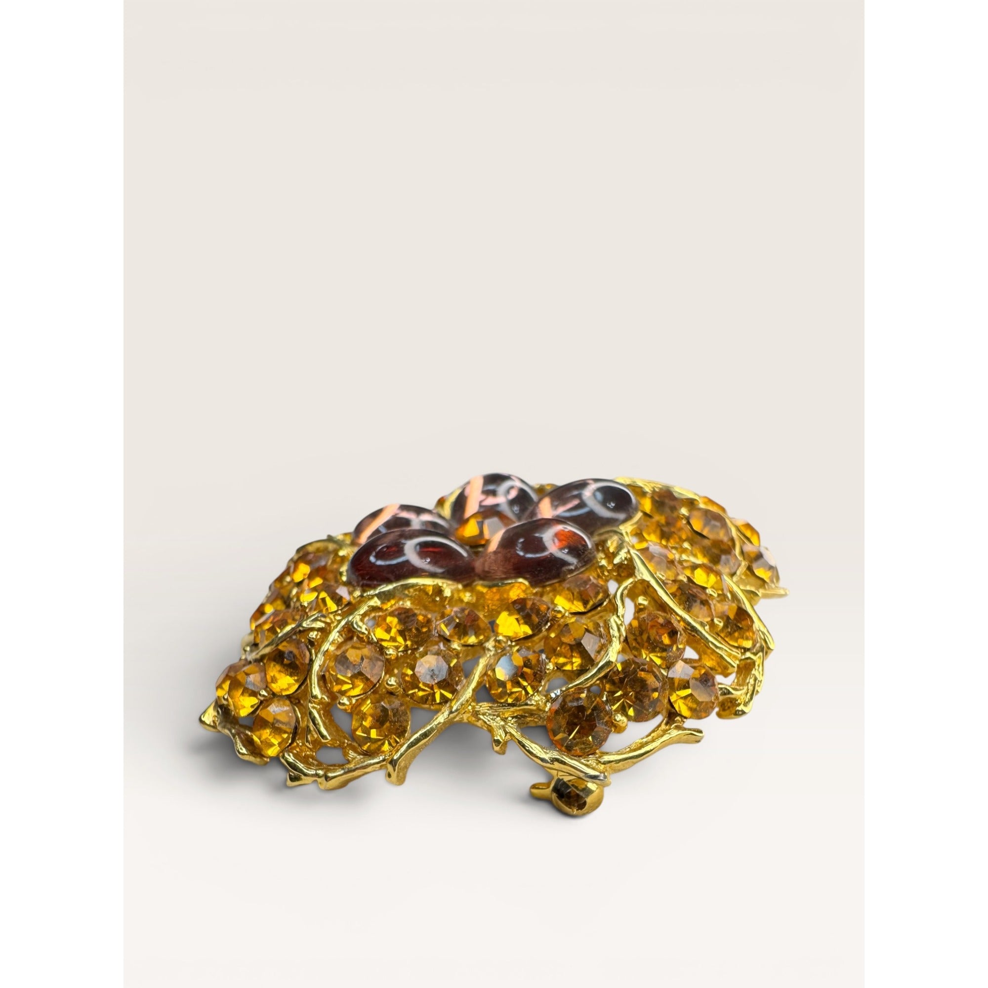 1960s Amber Crystal Lavender Lucite Flower Brooch Gold Tone Openwork Vintage